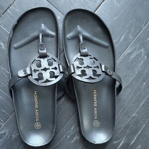 Tory Burch Black Logo Leather Thong Sandals